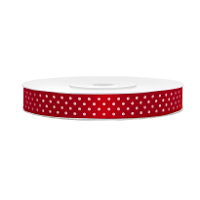 1X Hobby/decoratie rood satijnen sierlinten met witte stippen 1,2 cm/12 mm x 25 meter