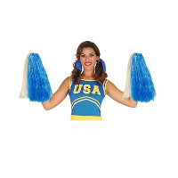 2X Stuks cheerball/pompom   blauw/wit   met ringgreep   33 cm   Cheerleader verkleed accessoires