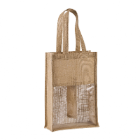 Cadeautas verpakking voor 2 flessen wijn / champagne   jute met transparant venster