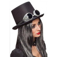 Carnaval Steampunk thema hoge hoed   zwart met bril   volwassenen