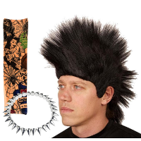 Carnaval verkleed setje heren punker   hanekam pruik   spikes ketting   tattoo sleeves