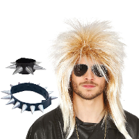 Carnaval verkleed setje heren punker   wilde haren pruik blond   spikes ketting/armband