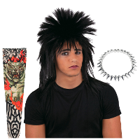 Carnaval verkleed setje heren punker   wilde haren pruik   spikes ketting   tattoo sleeves