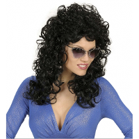 Carnaval Verkleedpruik   lange zwarte krullen   jaren 70/80 stijl