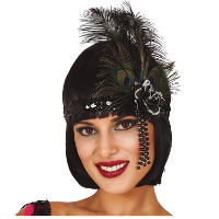 Charleston luxe hoofdband   met pauwen veren en kraaltjes   zwart   dames   jaren 20 thema