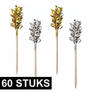 Cocktailprikkers/Decoratieprikkers   60x   goud/zilver   lametta   oud en nieuw feest prikkertjes