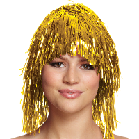 Dames tinsel/folie carnaval pruik   goud kleur   disco/eighties