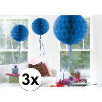 Decoratie bol   3x   blauw   30 cm   crepe papier   versiering   feestversiering