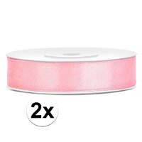 Decoratie satijn sierlint   2x   lichtroze   12 mm x 25 meter   Cadeaulint satijnlint