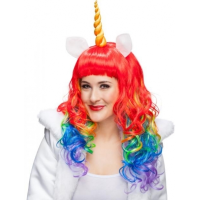 Eenhoorn/Unicorn verkleed pruik   dames   carnaval   met hoorn   regenboog kleuren