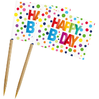 Folat HAPPY B DAY prikkers   50x stuks   bamboe   H14 cm   kleurrijke stippen