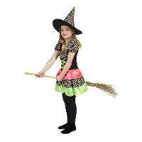 Funny Fashion Heksen jurk   voor meisjes   met hoed   kleuren mix   verkleedkleding