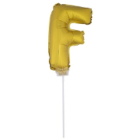 Gouden opblaas letter ballon F op stokje 41 cm