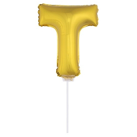 Gouden opblaas letter ballon T op stokje 41 cm