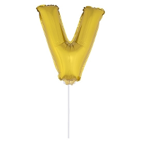 Gouden opblaas letter ballon V op stokje 41 cm