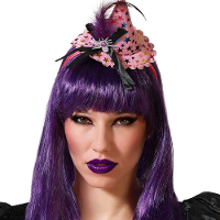 Halloween heksenhoed   mini hoedje op diadeem   one size   roze sterren   meisjes/dames