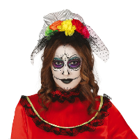 Halloween thema diadeem met bloemen en sluier   one size   zwart/kleuren   meisjes/dames