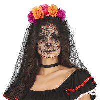 Halloween thema diadeem met bloemen en sluier   one size   zwart/oranje/roze   meisjes/dames
