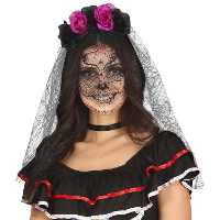 Halloween thema diadeem met bloemen en sluier   one size   zwart/paars   meisjes/dames