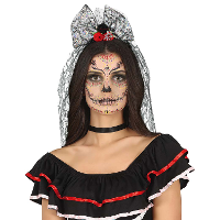 Halloween thema diadeem met bloemen en sluier   one size   zwart/rood   meisjes/dames
