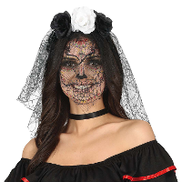 Halloween thema diadeem met bloemen en sluier   one size   zwart/wit   meisjes/dames