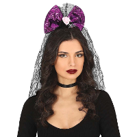 Halloween thema diadeem met strik en sluier   one size   zwart/paars   meisjes/dames