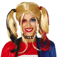 Halloween verkleedpruik lang haar met staartjes   zwart/blond/rood   dames