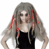 Halloween zombie damespruik   grijs vies lang haar   Horror thema verkleed pruiken