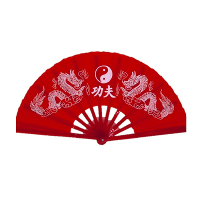 Handwaaier tai chi   yin yang en draken   rood   65 x 35 cm   polyester/kunststof