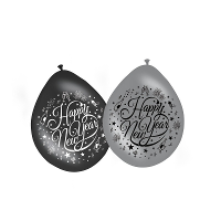 Happy New Year ballonnen   8x   zwart/zilver   Oud en Nieuw versiering