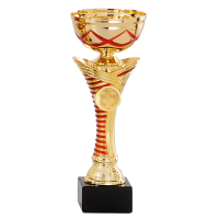 Luxe trofee/prijs beker   goud   rode lijnen   kunststof   22 x 8 cm