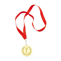 Medailles of sportprijs   eerste prijs   goud   aan rood lint   sportdag