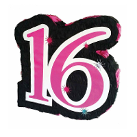Pinata voor Sweet 16   papier   45 x 45 cm   zwart/roze   verjaardag feestartikelen   sixteen