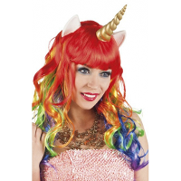 Merkloos Regenboog verkleedpruik met pony en krullen   Dames   volwassenen   carnaval