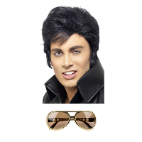 Rock and Roll ster Elvis verkleed set   herenpruik zwart met kuif   en bril goud montuur