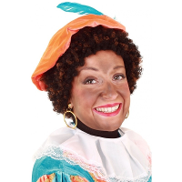 Roetveeg piet pruik met verstelbare kap   zwart/bruin krullen   gemeleerd   Pietenpruiken