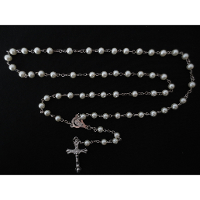 Rozenkrans ketting   extra lang   met kruis   zilver   100 cm   6 mm parel kralen