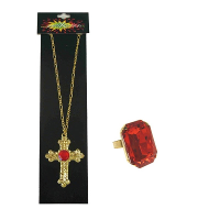 Sinterklaas sieraden accessoires set   gouden ketting   en rechthoekige ring   met rode stenen