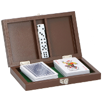 Speelkaarten en dobbelstenen   in houten kistje   18 x 11 cm