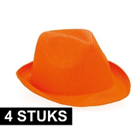 Verkleed trilby hoedje   4x   oranje   polyester   volwassenen   Carnaval feest hoed