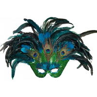 Verkleedmasker   groen/blauw   pauwenver   voor volwassenen   Veren masker