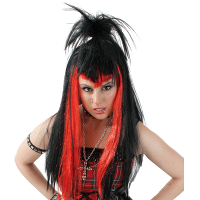 Verkleedpruik rocker   zwart/rood   dames   rockerpruik   damespruik   Carnaval pruik