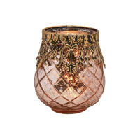 Waxinelichthouder/theelichthouder gerookt glas met metalen rand   roze   10 x 9 cm