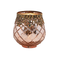 Merkloos Waxinelichthouder/theelichthouder gerookt glas met metalen rand   roze   14 x 13 cm
