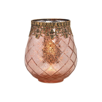 Waxinelichthouder/theelichthouder gerookt glas met metalen rand   roze   16 x 18 cm