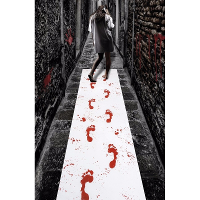 Witte loper met rode bloed voetstappen   450 x 60 cm   Halloween/horror decoratie