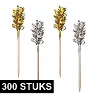 Zakje van 300x cocktailprikkers met goud  en zilverkleurige versiering