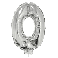 Zilveren opblaas cijfer ballon   0 jaar   op stokje   H41 cm   Leeftijd versiering