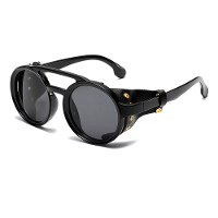 Mode Punk Retro Gepolariseerde Ronde Zonnebril met Leren Band Accenten UV400 Bescherming Bril voor Buitenreizen Rijden