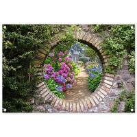 MuchoWow Tuinposter 90x60cm Doorkijk Bloemen Hortensia Zomer